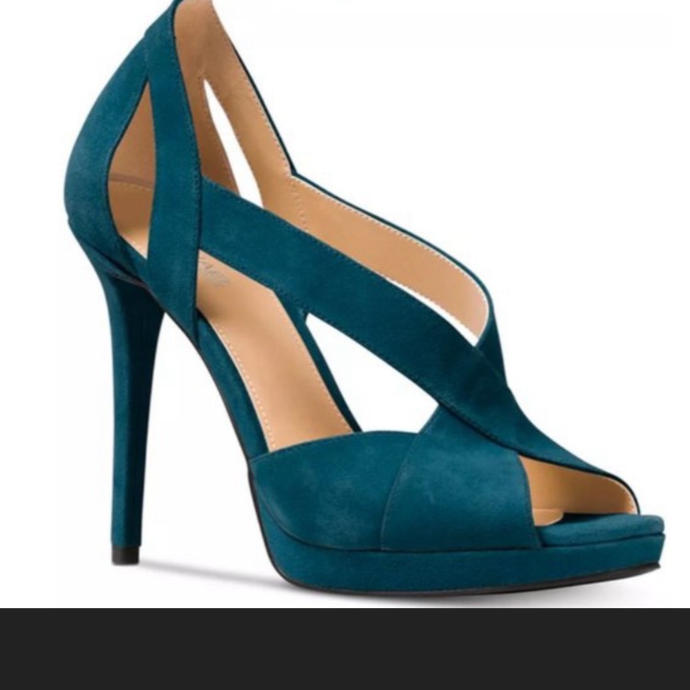 NWOT Michael Kors Becky Teal Suede Open Toe Heels